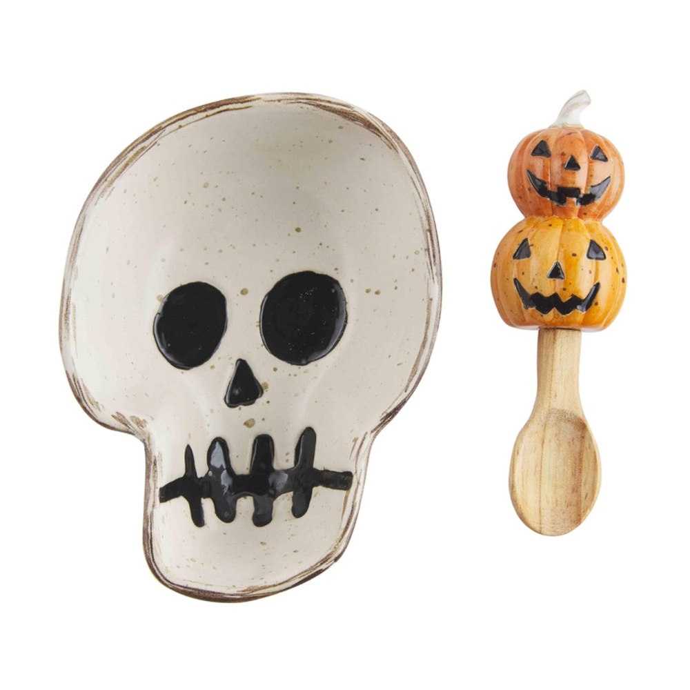 🎃NWT Mud Pie Halloween Skull Dish & Pumpkin Spoon Jack-O-Lantern Halloween